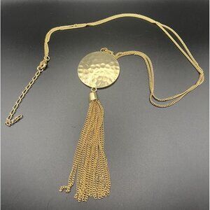 Necklace W/Tassel Long Hammered Metal Medallion Yellow Gold Tone Pendant 32"